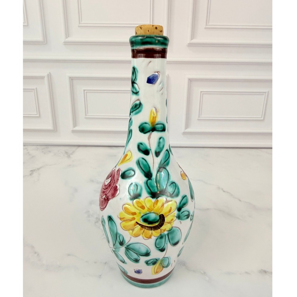 VTG Hand Painted Floral Ceramic Limoncello Bottle Made in Italy 7" Tall